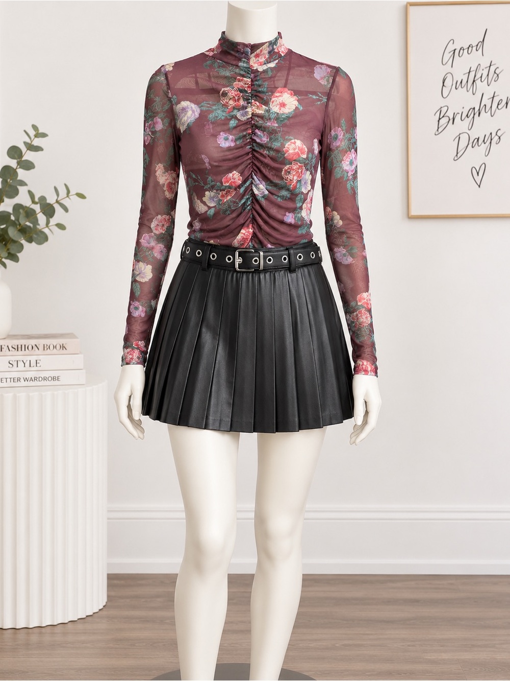 AFRM Burgundy Floral Ruched Mesh Long-Sleeve Top